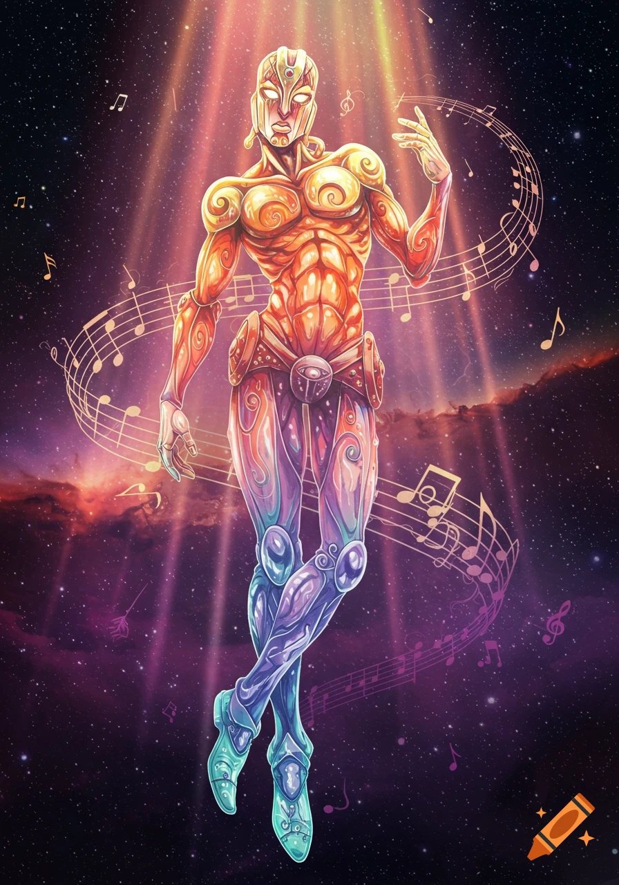 A stylized humanoid figure, glowing and muscular, floats in space surrounded by musical notes and staff lines.