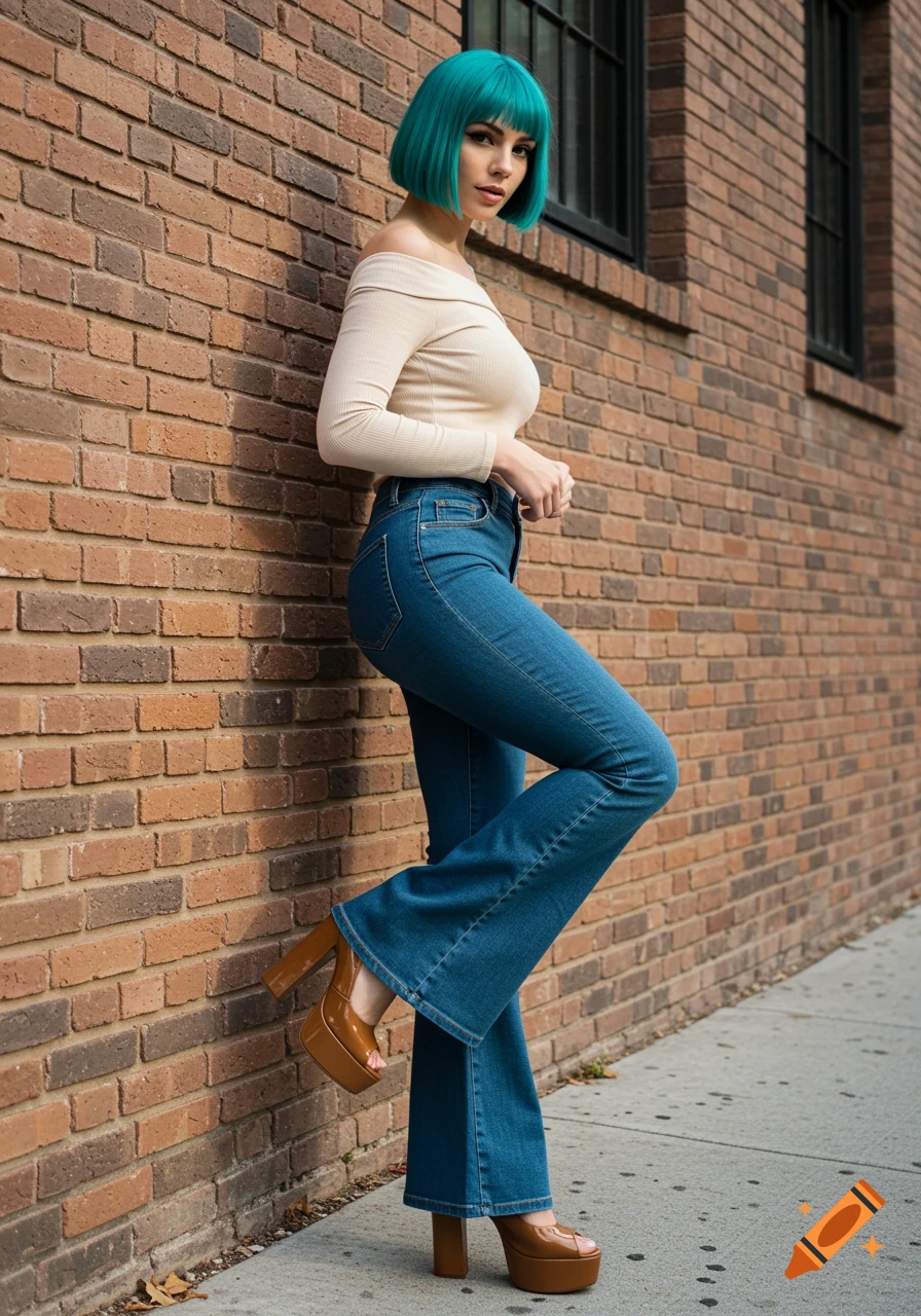 Woman with short teal bob hair, off-shoulder top, flared jeans, and platform heels, leaning against a brick wall.