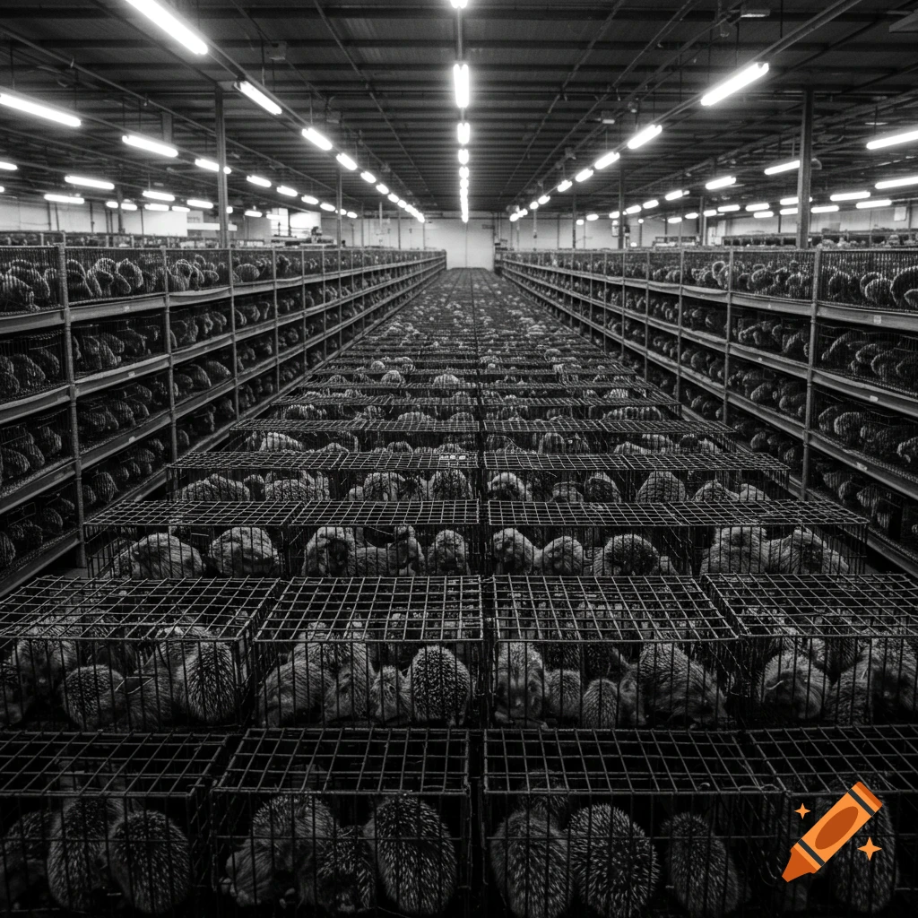 Photorealistic black and white image of thousands of hedgehogs in cages in a large warehouse.