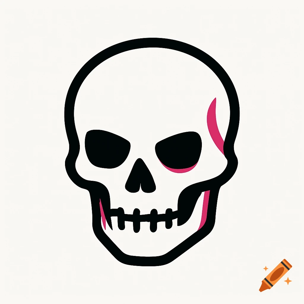 A simplified black, white, and pink skull logo on a white background.