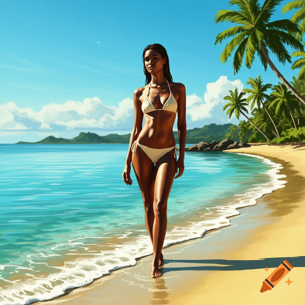A woman in a white bikini walks along a sunny tropical beach with palm trees and blue water.