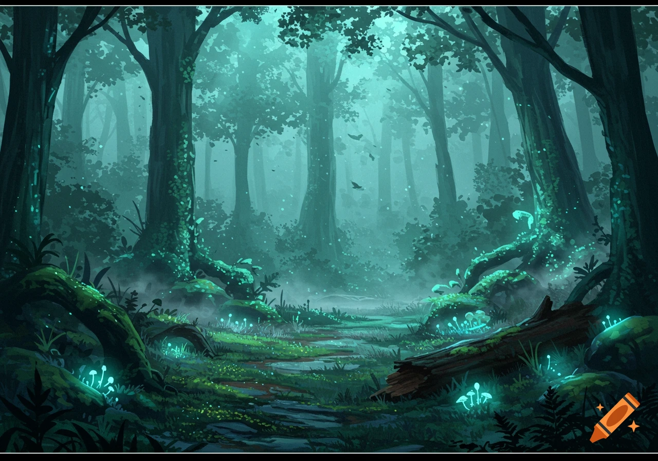 A mysterious forest scene with tall trees, a path, and glowing blue mushrooms on the ground and roots, bathed in a turquoise mist.