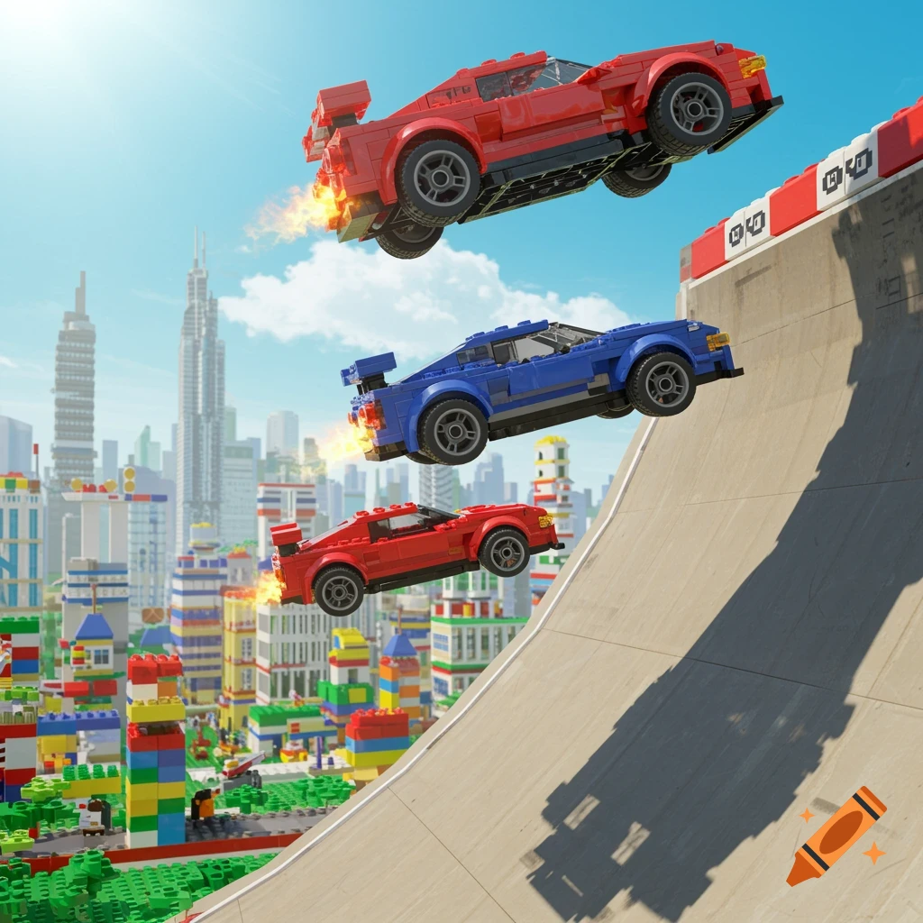 Three Lego race cars, two red and one blue, flying over a large ramp with a colorful Lego city in the background.