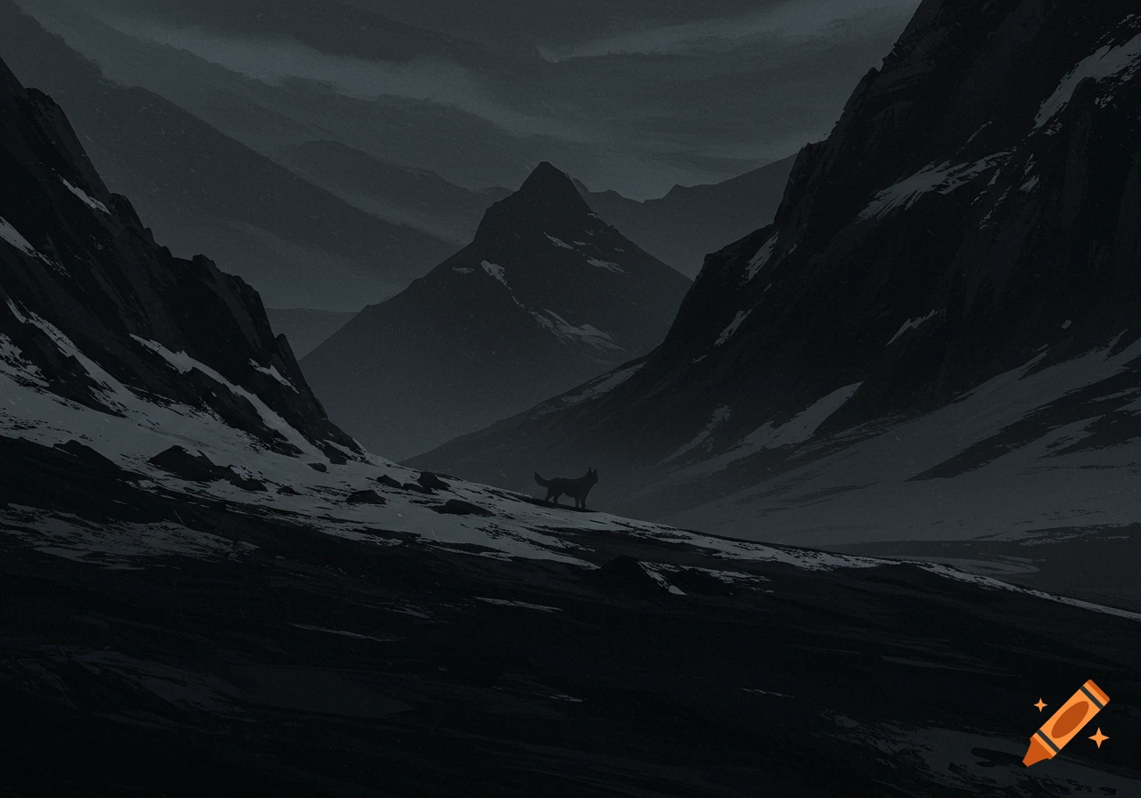 A desolate, dark gray mountain landscape with hints of snow and a silhouette of a dog.