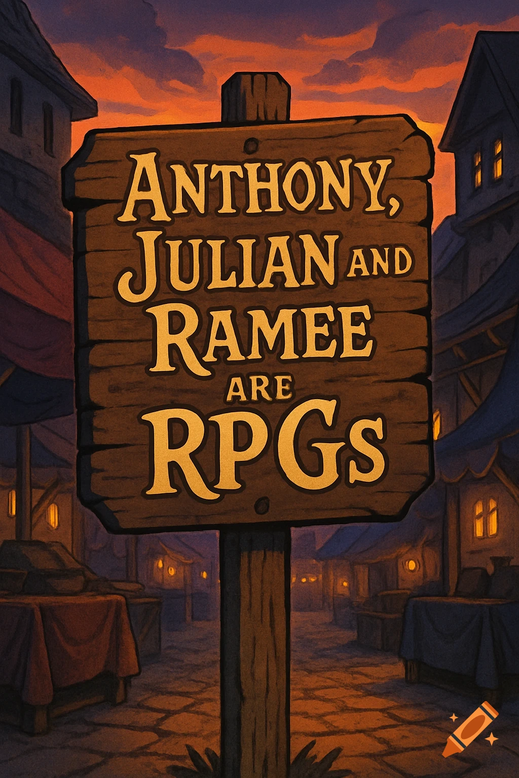 A wooden sign in a fantasy town market at dusk reads "ANTHONY, JULIAN AND RAMEE ARE RPGs" in a stylized font.