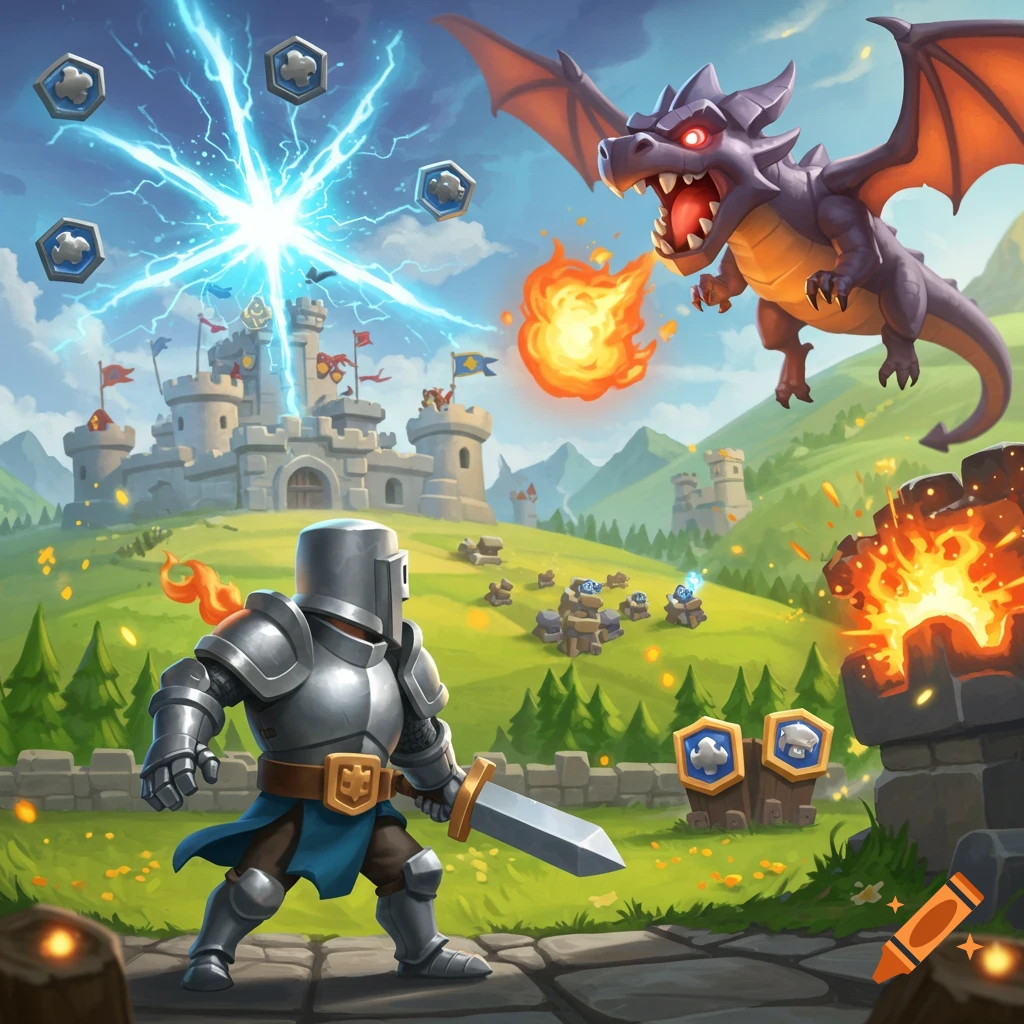 A cartoon knight in armor stands ready, facing a fire-breathing dragon over a castle in a vibrant fantasy landscape.