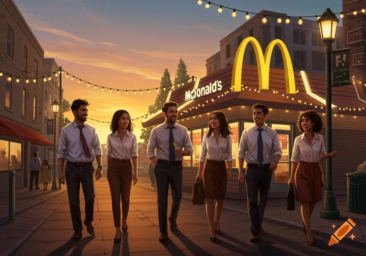 Six people, three men and three women, walk along a city street at sunset towards a McDonald's restaurant with golden arches and string lights.