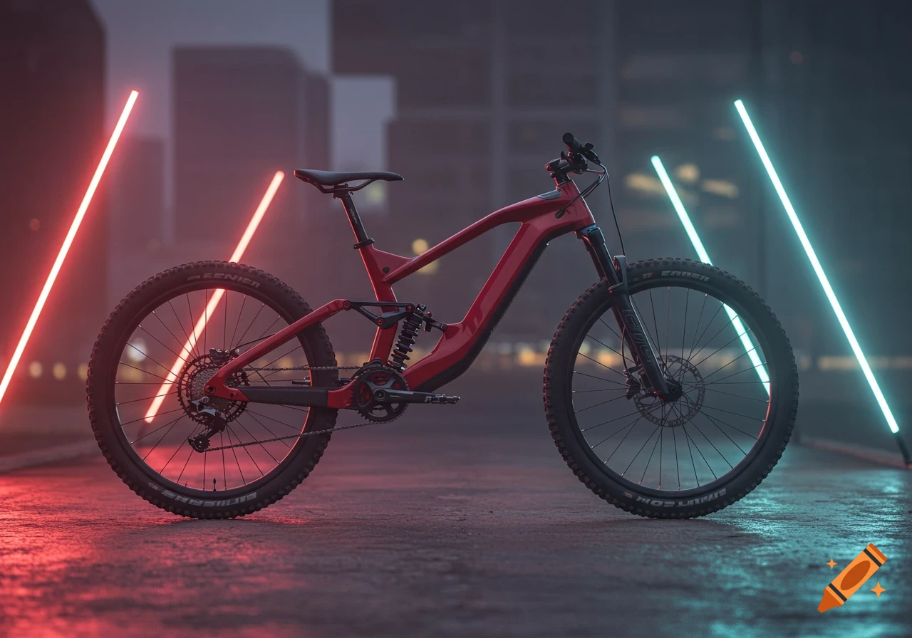 A red futuristic mountain bike with sleek lines, set against a dark urban background lit by vertical neon tubes in red and cyan.