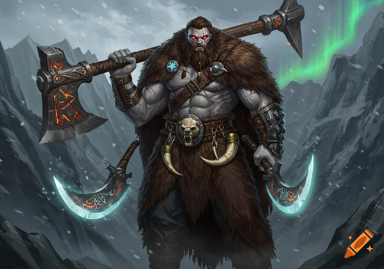 A muscular, gray-skinned barbarian with a large beard and glowing red eyes, wearing a fur cloak, holds a massive greataxe and two curved sickles in a snowy mountain landscape with an aurora borealis.