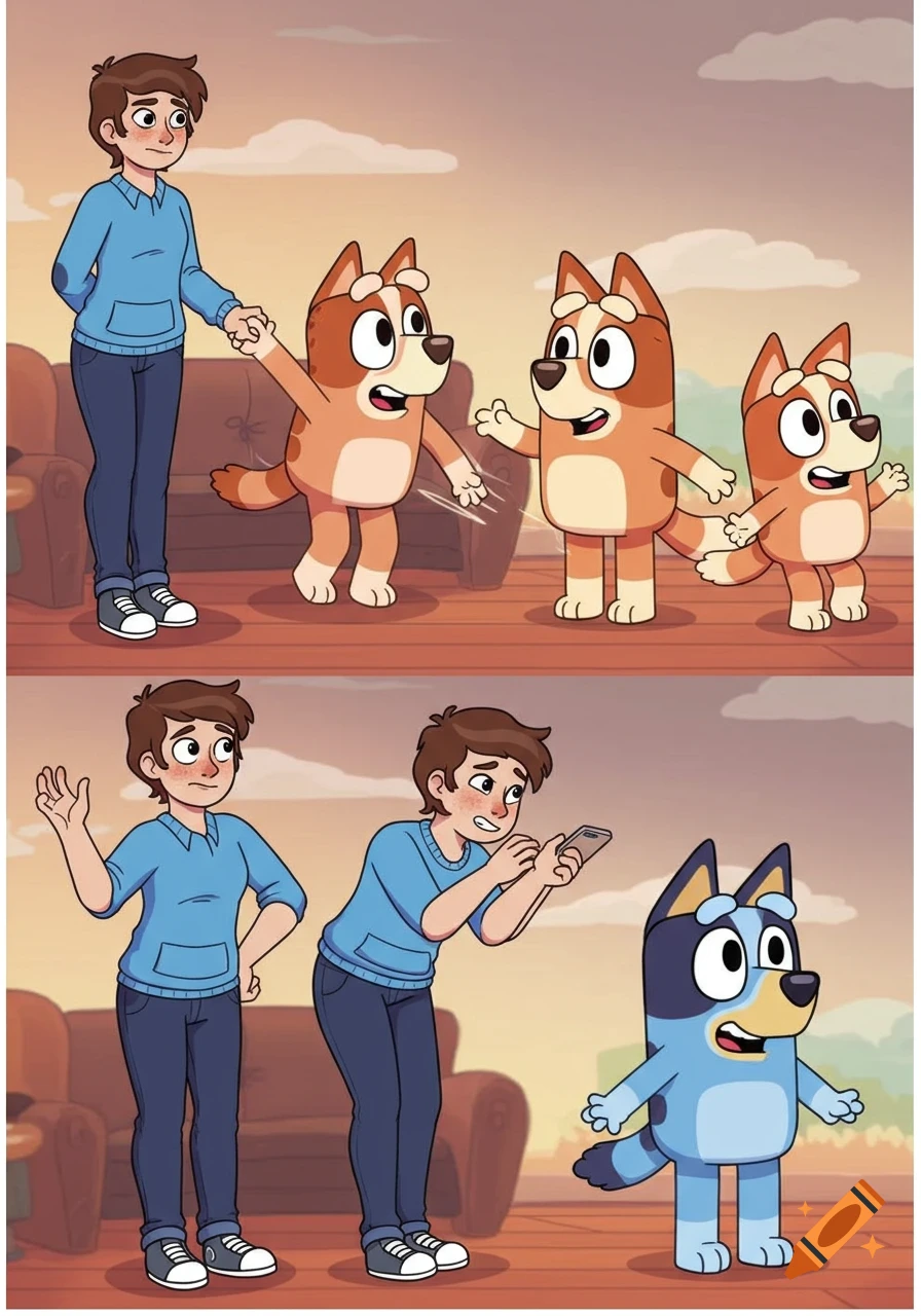 A cartoon of a boy transforming into orange Bluey-like dogs, then reacting to a blue Bluey-like dog.