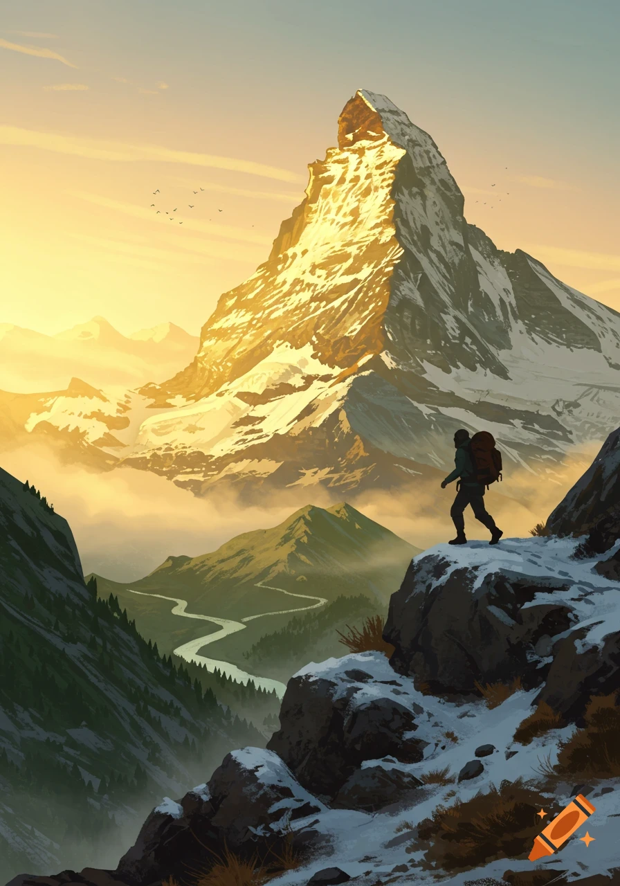A lone hiker on a snowy ridge overlooks a river valley and sunlit Matterhorn-like mountain at sunrise, in an illustrative style.