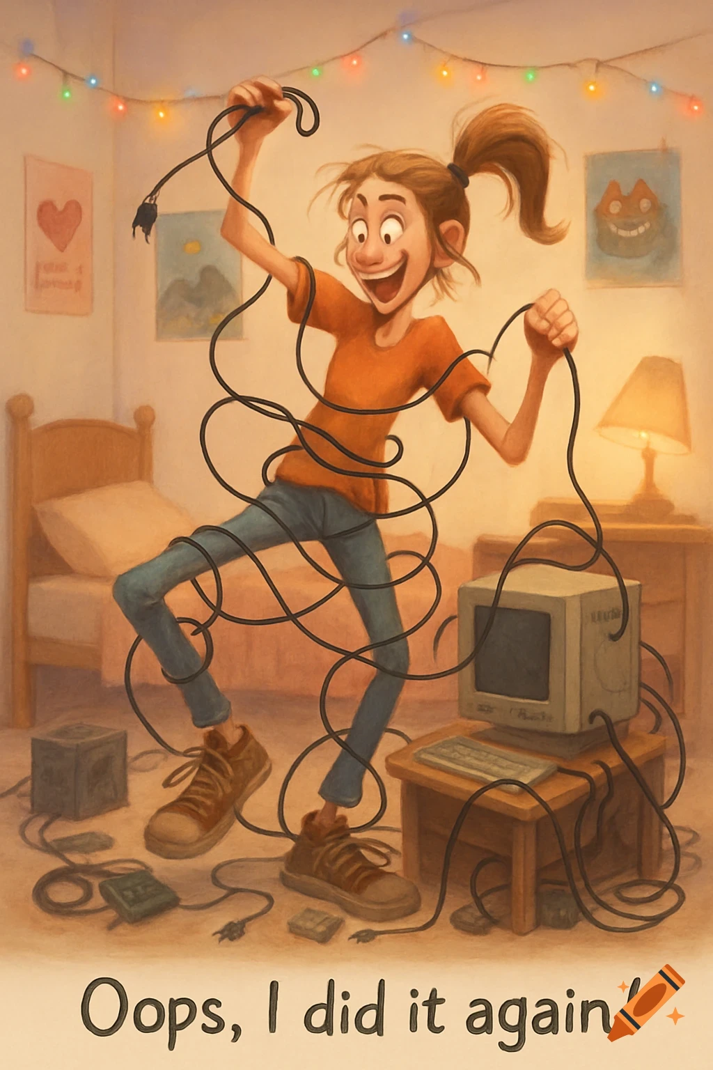 A goofy cartoon girl with a ponytail is tangled in a mess of computer wires in a bedroom, with the caption 'Oops, I did it again!' below.