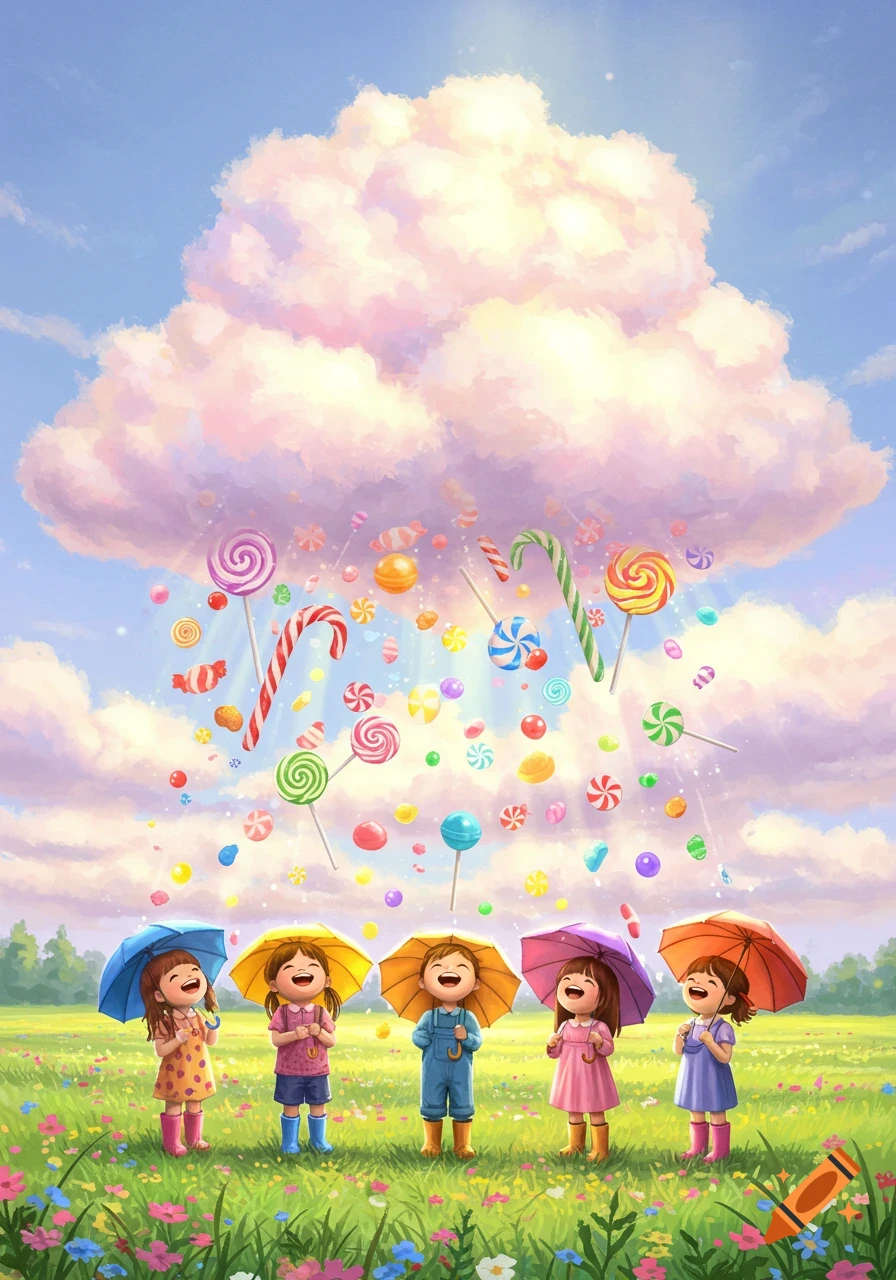 Five happy children under colorful umbrellas as candy rains from a fluffy cloud in a vibrant field.