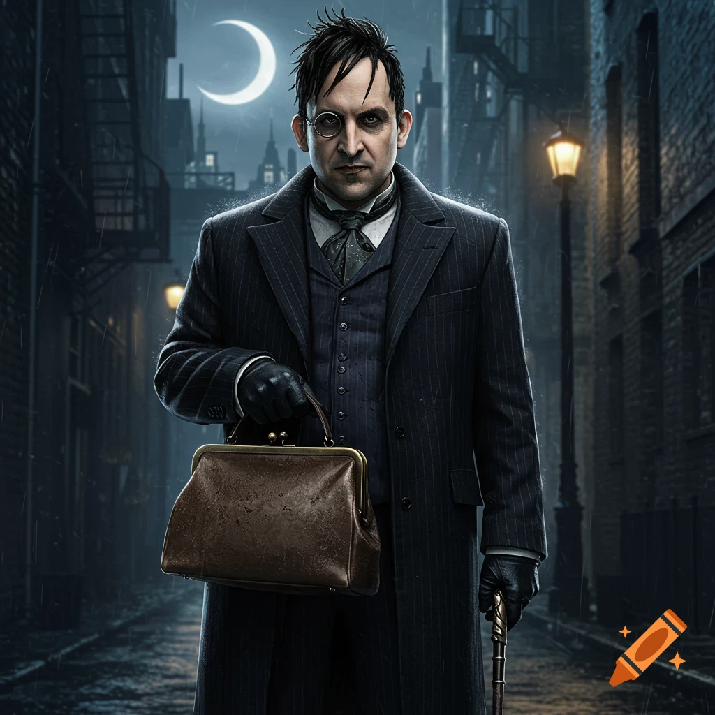 A photorealistic depiction of a man resembling the Penguin, holding a satchel and cane in a dark, rainy alley under a crescent moon.