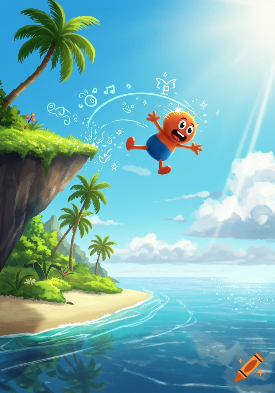 A vibrant cartoon illustration of a round, orange character in blue shorts falling from a cliff into a sunny tropical ocean with palm trees.