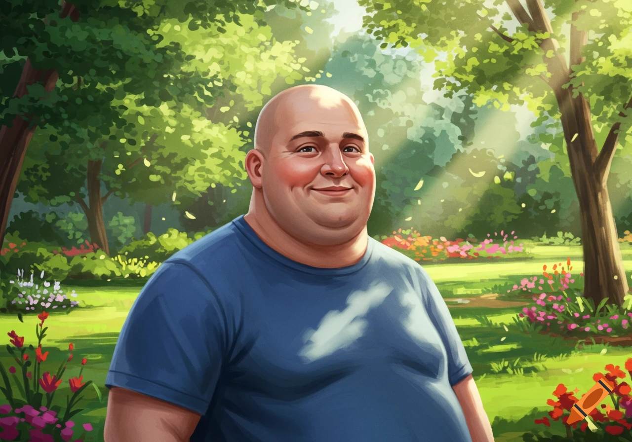 A smiling bald man wearing a blue shirt stands in a lush green park with trees and flowers, in a digital art style.