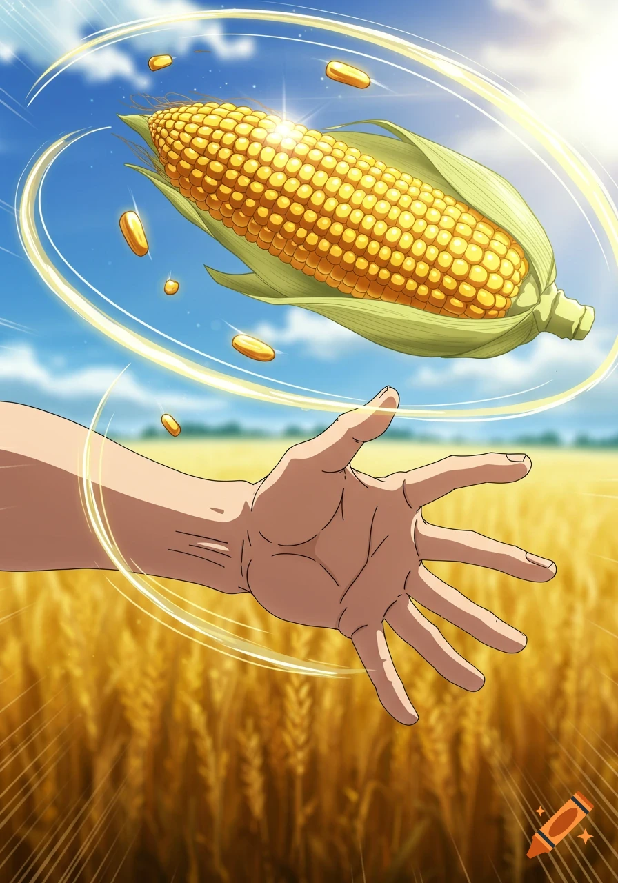 An anime-style image of a hand reaching up towards a glowing corn on the cob floating in the sky above a golden wheat field.