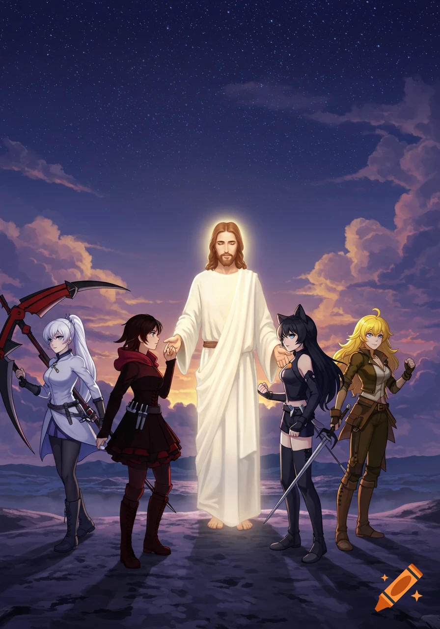Anime-style depiction of Jesus Christ with four female characters from Team RWBY, holding hands under a starry twilight sky.