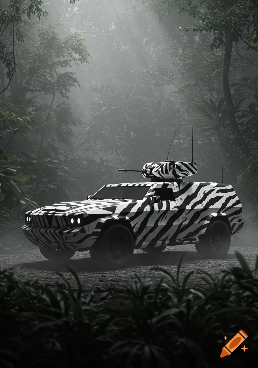 A photorealistic armored military vehicle with black and white zebra stripes drives through a misty jungle.