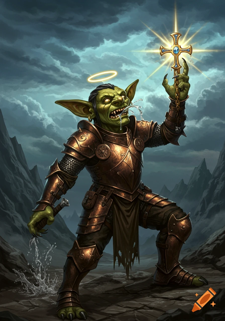 An armored green goblin with a halo holds a glowing golden cross, spitting water in a stormy mountain landscape.