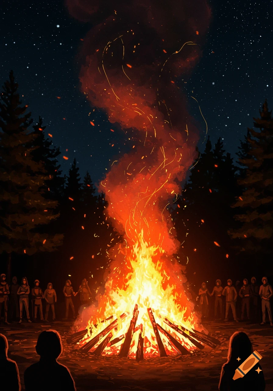 An illustrative image of a large bonfire at night with silhouetted people gathered around it in a forest under a starry sky.