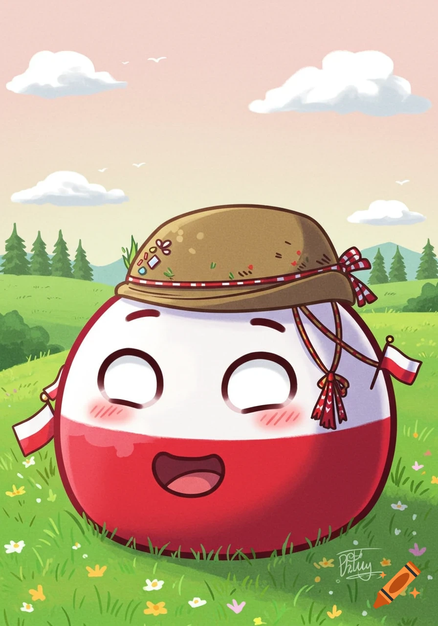 A happy Polandball character wearing a brown hat with a red ribbon, in a green field with flowers under a pink sky.