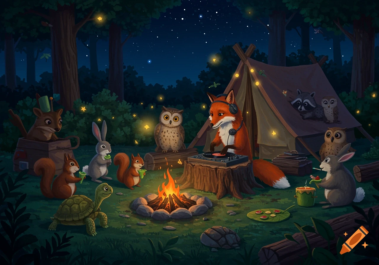 An illustrated scene of woodland animals having a night party around a campfire, with a fox as a DJ and other animals relaxing near a tent.