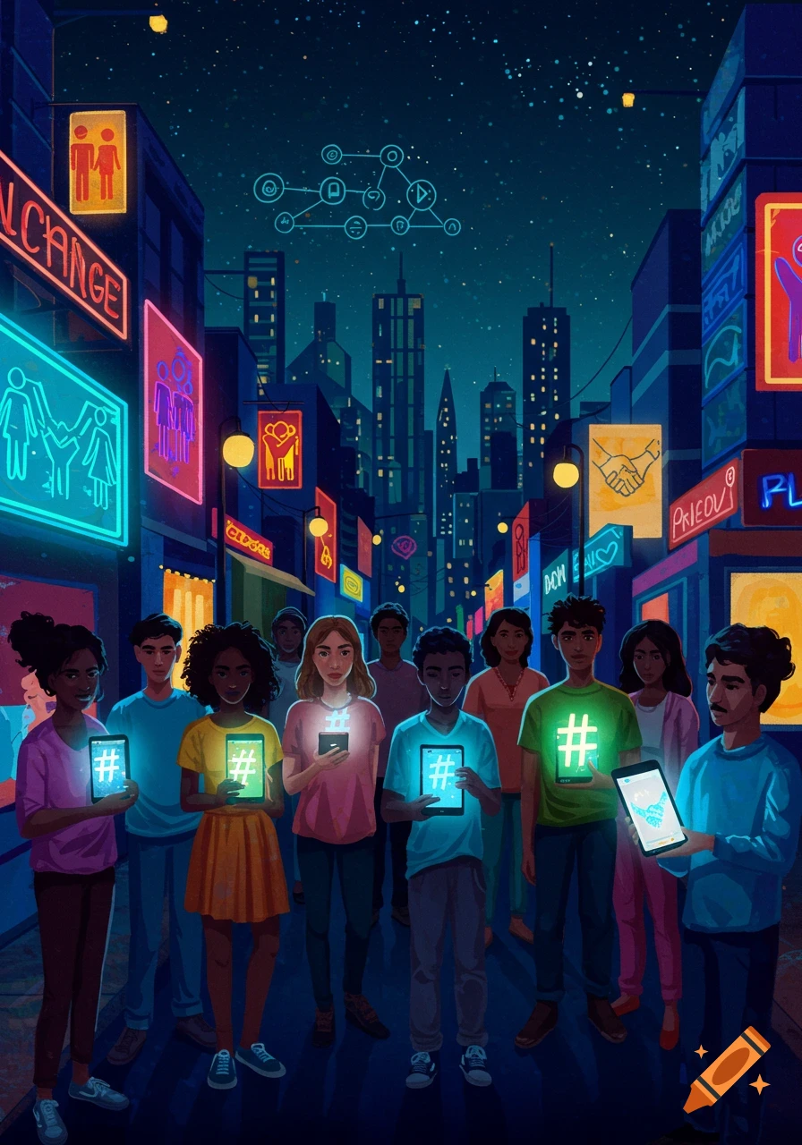Diverse young people hold glowing smartphones and tablets with hashtags on a city street at night, surrounded by neon signs.