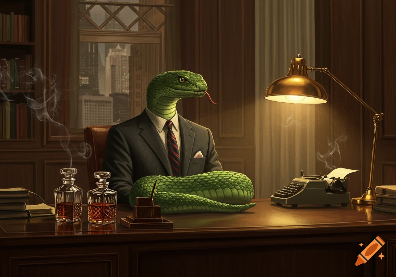 Photorealistic anthropomorphic snake in a suit at an office desk with a typewriter, lamp, and whiskey decanters.