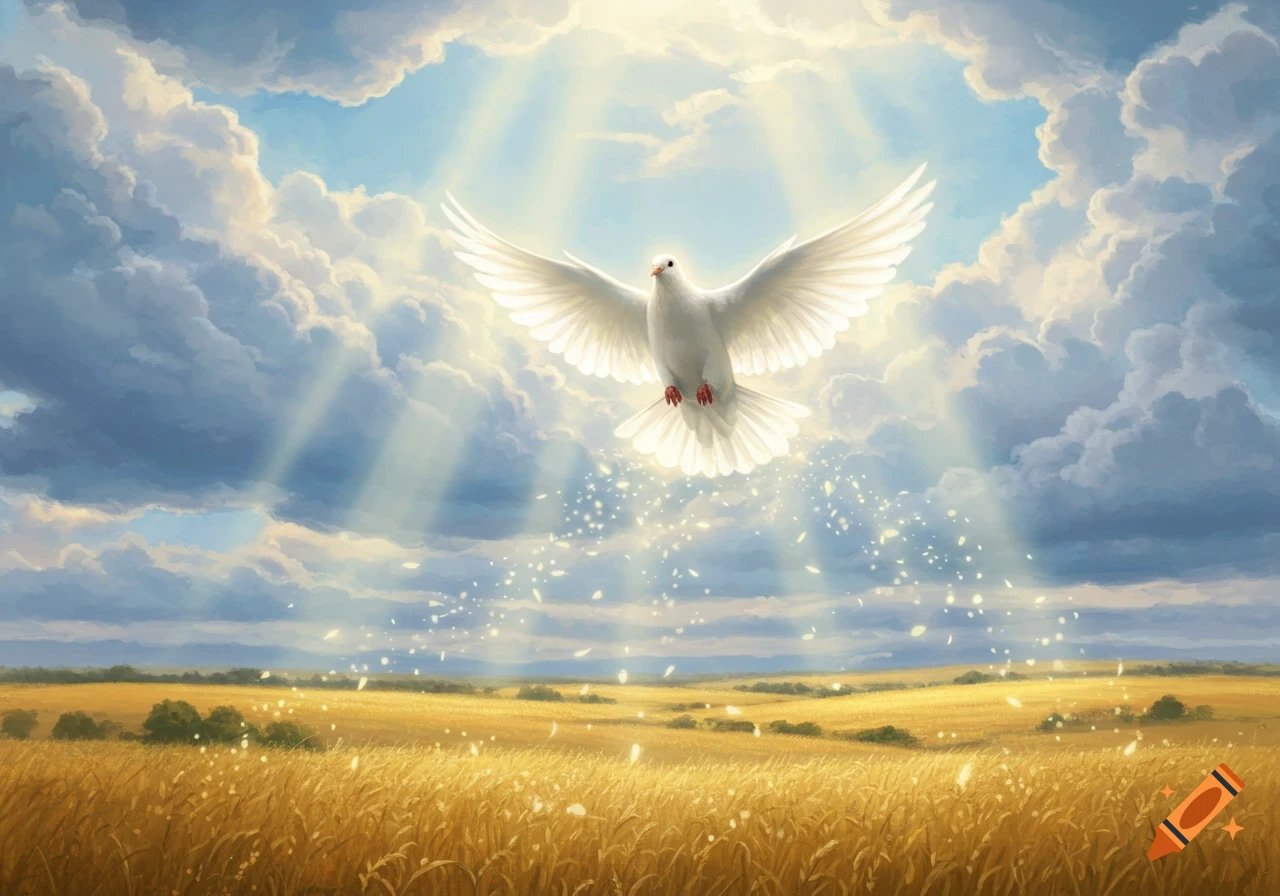 A white dove with outstretched wings descends from a cloud-filled sky with sun rays, over a golden wheat field with sparkling particles.