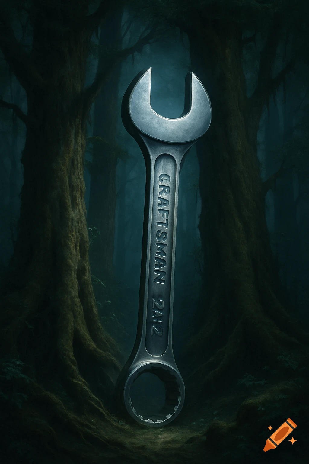 A large metallic wrench with 'CRAFTSMAN 2N2Z' etched on it stands vertically in a dark, misty forest, photorealistic.