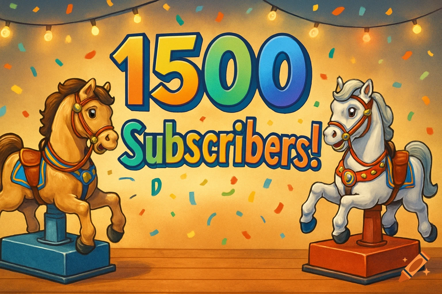 Cartoon illustration of two carousel horses, one brown and one white, flanking large text that reads '1500 Subscribers!' with falling confetti.