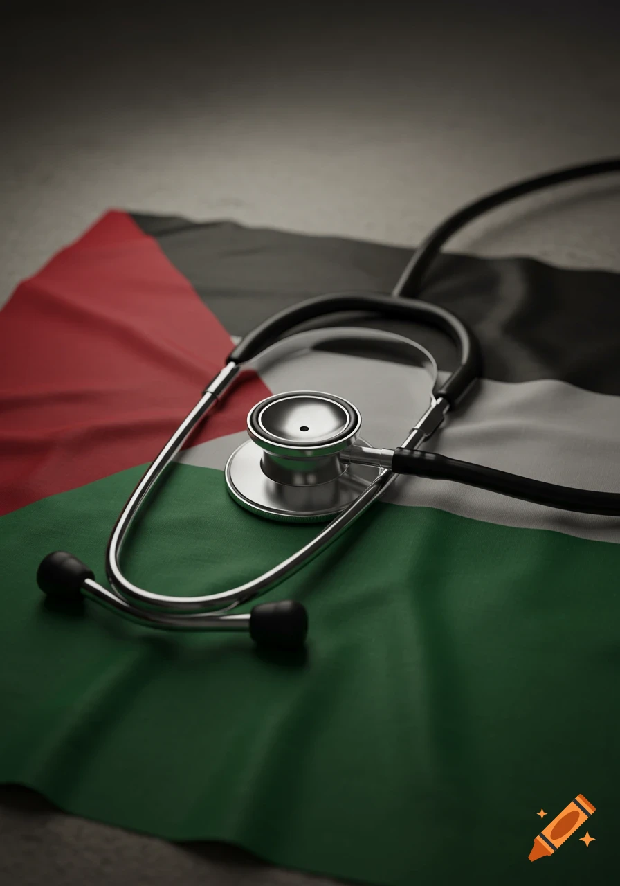 A silver and black stethoscope rests on a folded Palestinian flag with red, black, white, and green stripes.