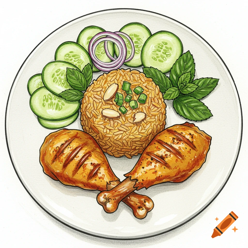 Cartoon color pencil drawing of grilled chicken drumsticks, rice, cucumbers, red onion, and mint on a white plate.
