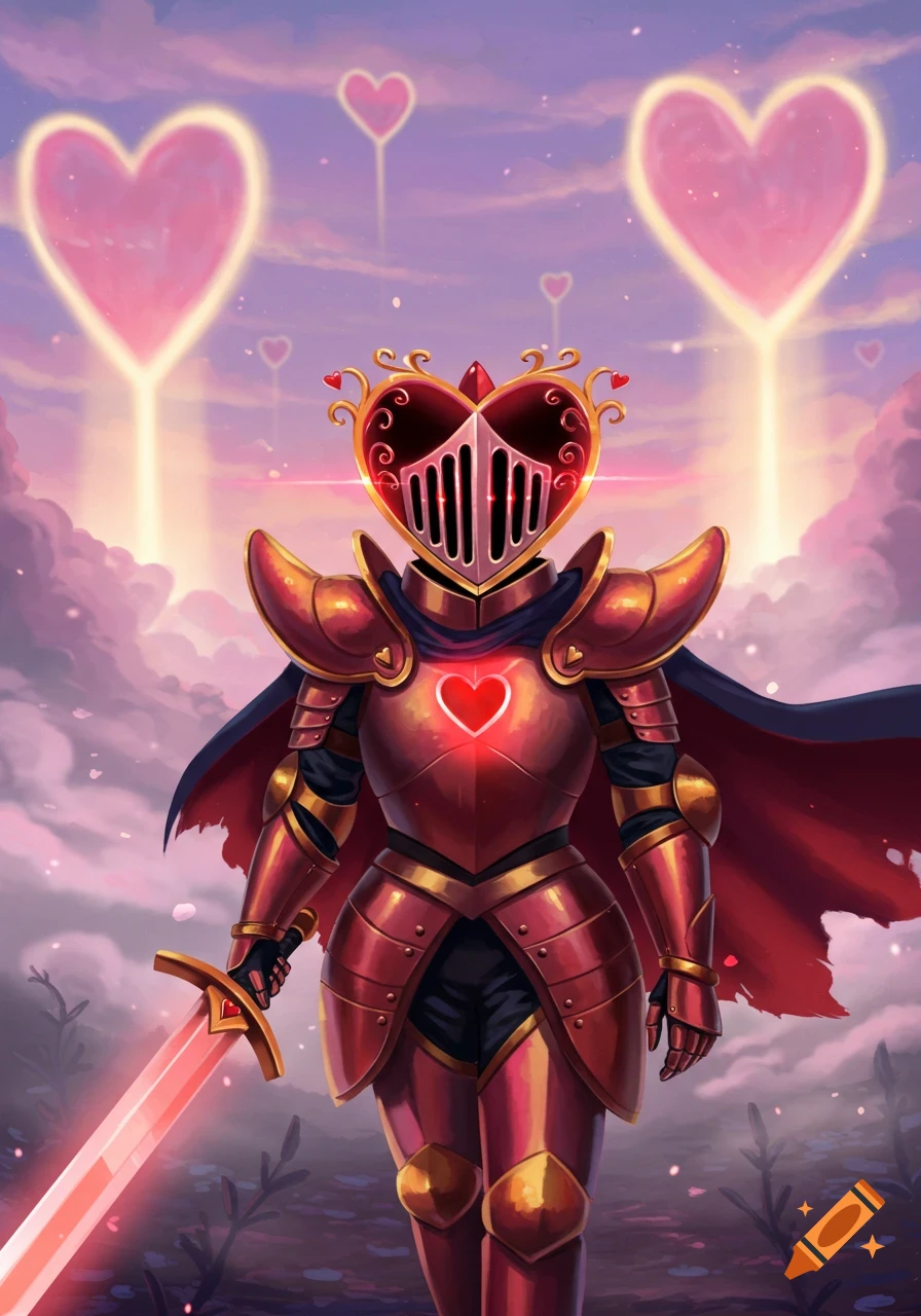 A fantasy knight in red and gold heart-themed armor, holding a glowing sword, stands under a sky with glowing heart-shaped lights.