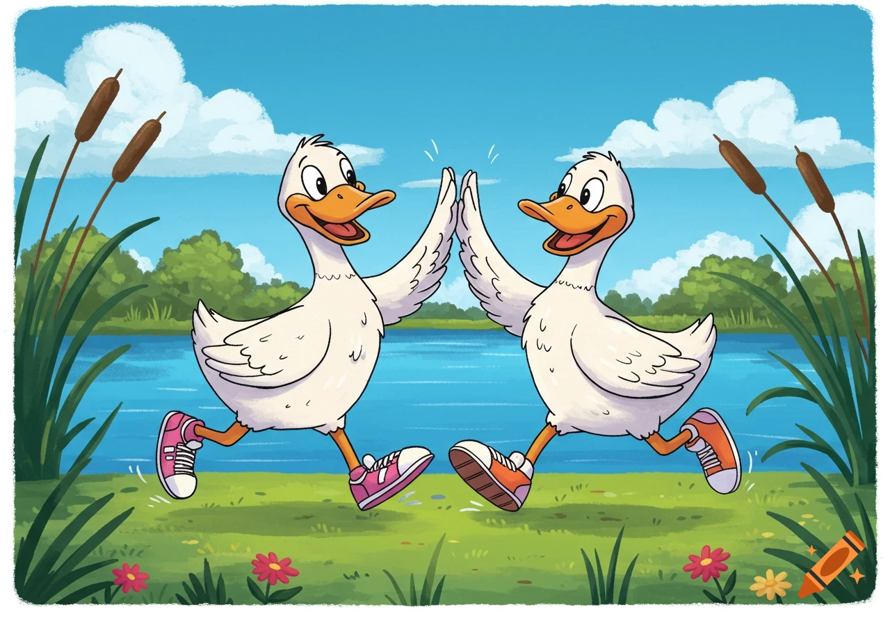Two happy cartoon ducks in running shoes high-fiving by a lake under a sunny sky with cattails and flowers.