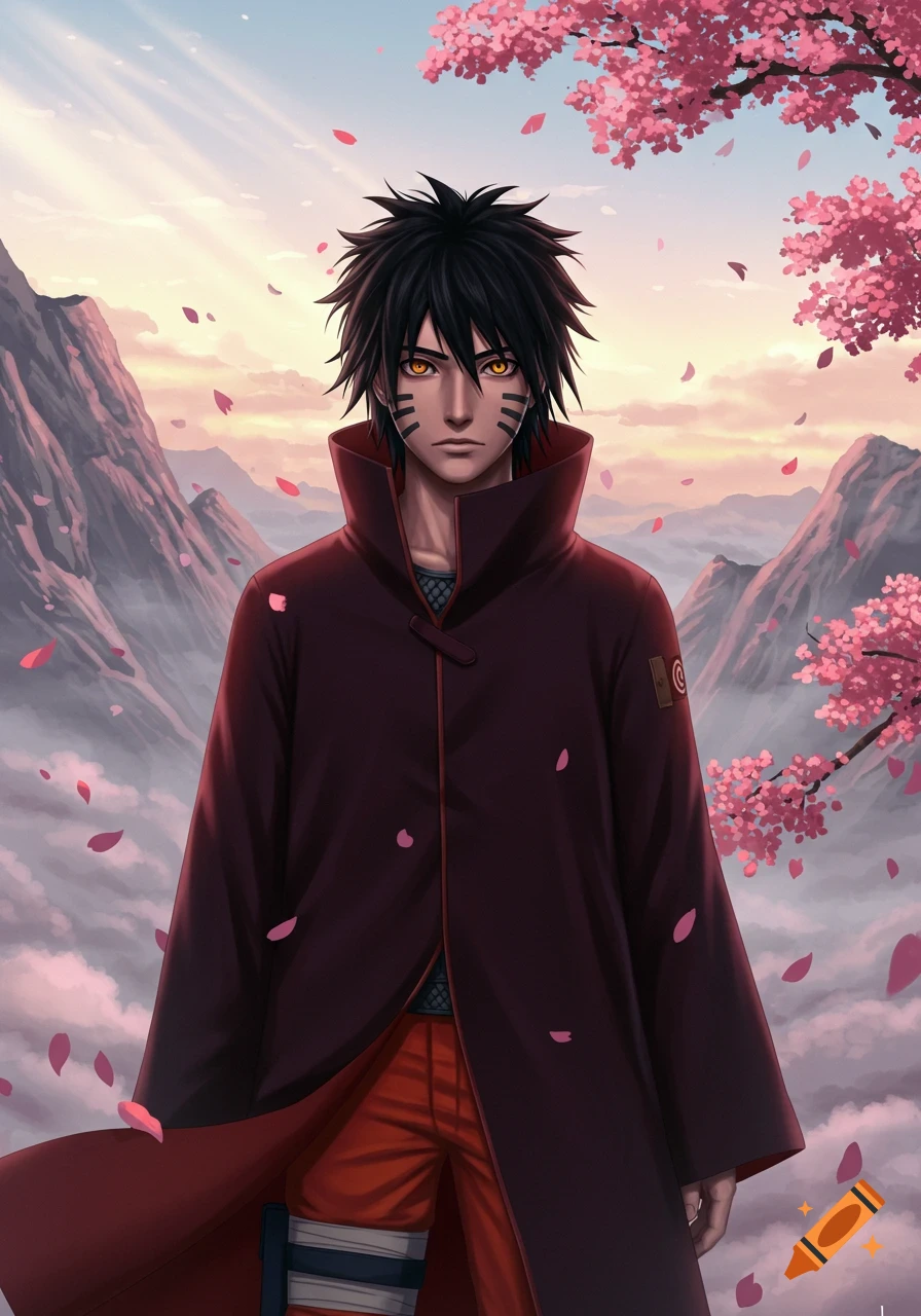 An anime character with black spiky hair, golden eyes, and black face markings wears a dark red coat and orange pants, standing amidst mountains, clouds, and falling cherry blossoms at sunset.