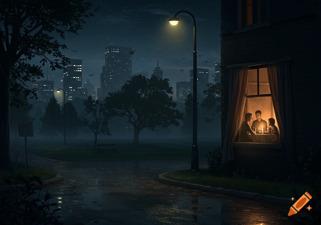 A family dines by candlelight in a cozy window, while a city skyline and park are dark under a moonlit night during a blackout.