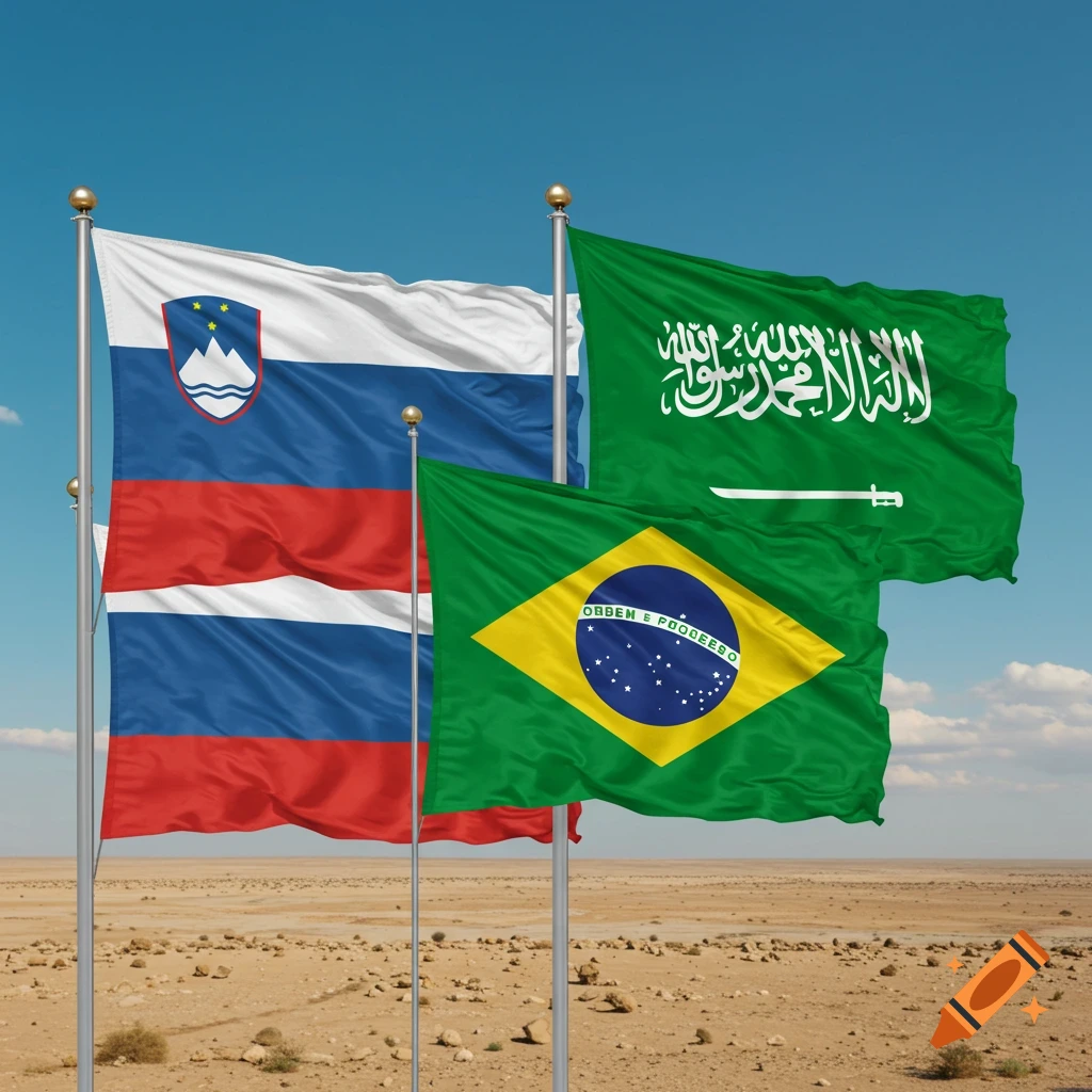 Three national flags, Slovenia, Saudi Arabia, and Brazil, wave together in a desert landscape under a clear blue sky with sparse clouds.