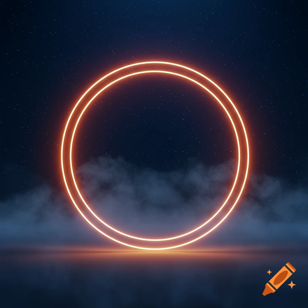 A glowing orange double ring against a starry night sky with misty ground.