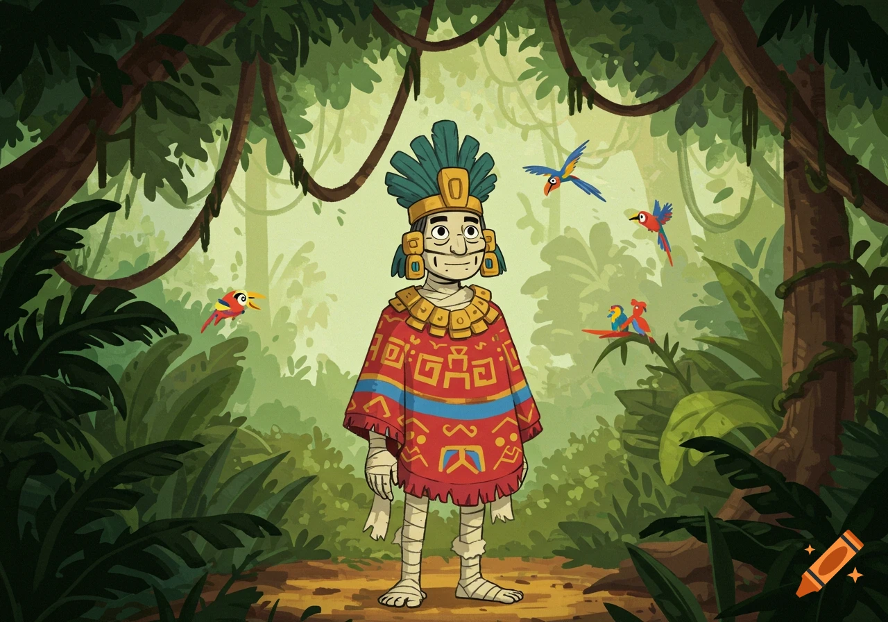 Cartoon of a mummified character in a red poncho and feathered headdress standing in a lush jungle with colorful parrots.