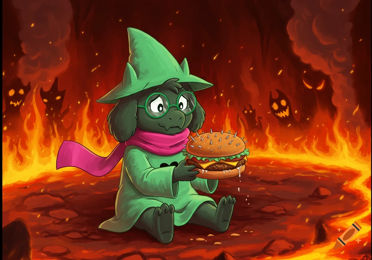 Ralsei, a green-furred character with a pointy hat and pink scarf, sits sadly in a fiery hellscape, holding a hamburger with spikes.