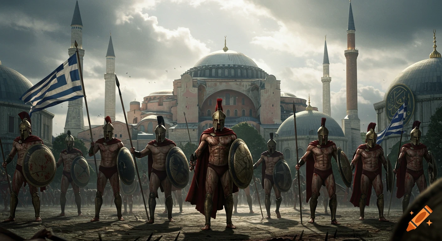 Spartan warriors with shields and spears stand before the Hagia Sophia and Greek flags under a dramatic sky.