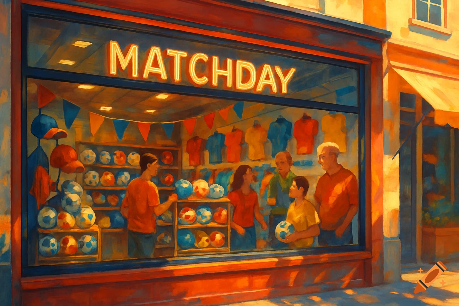 A painterly depiction of a sports shop with a "MATCHDAY" neon sign, showing customers inside browsing footballs and clothing on a sunny day.