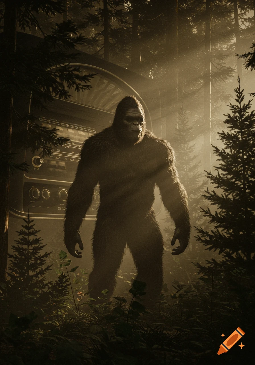 Bigfoot in a misty forest standing in front of a large vintage radio, photorealistic style.