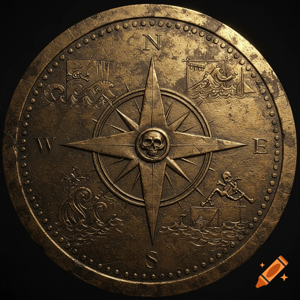 A detailed bronze pirate coin featuring a compass rose with a skull at its center, surrounded by sea creatures, ships, and a skeleton.