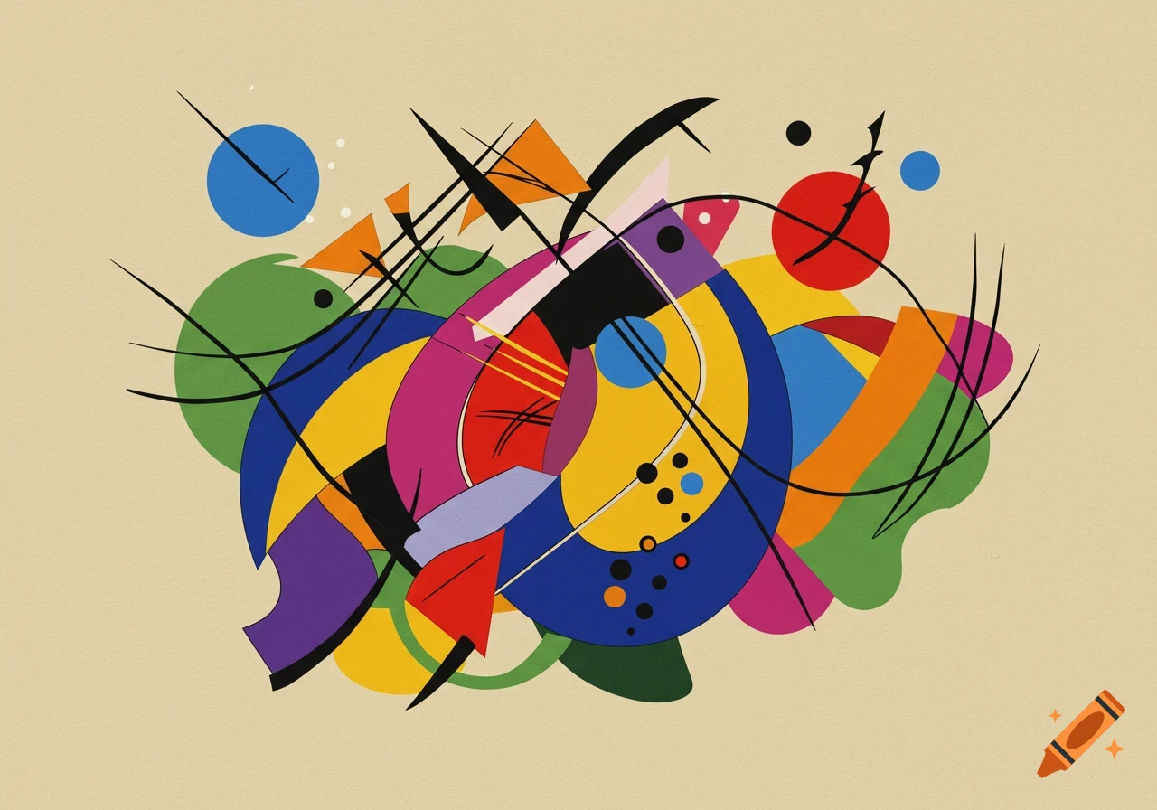 Abstract painting with colorful geometric and organic shapes, bold lines, and circles on a beige background, in the style of Kandinsky.
