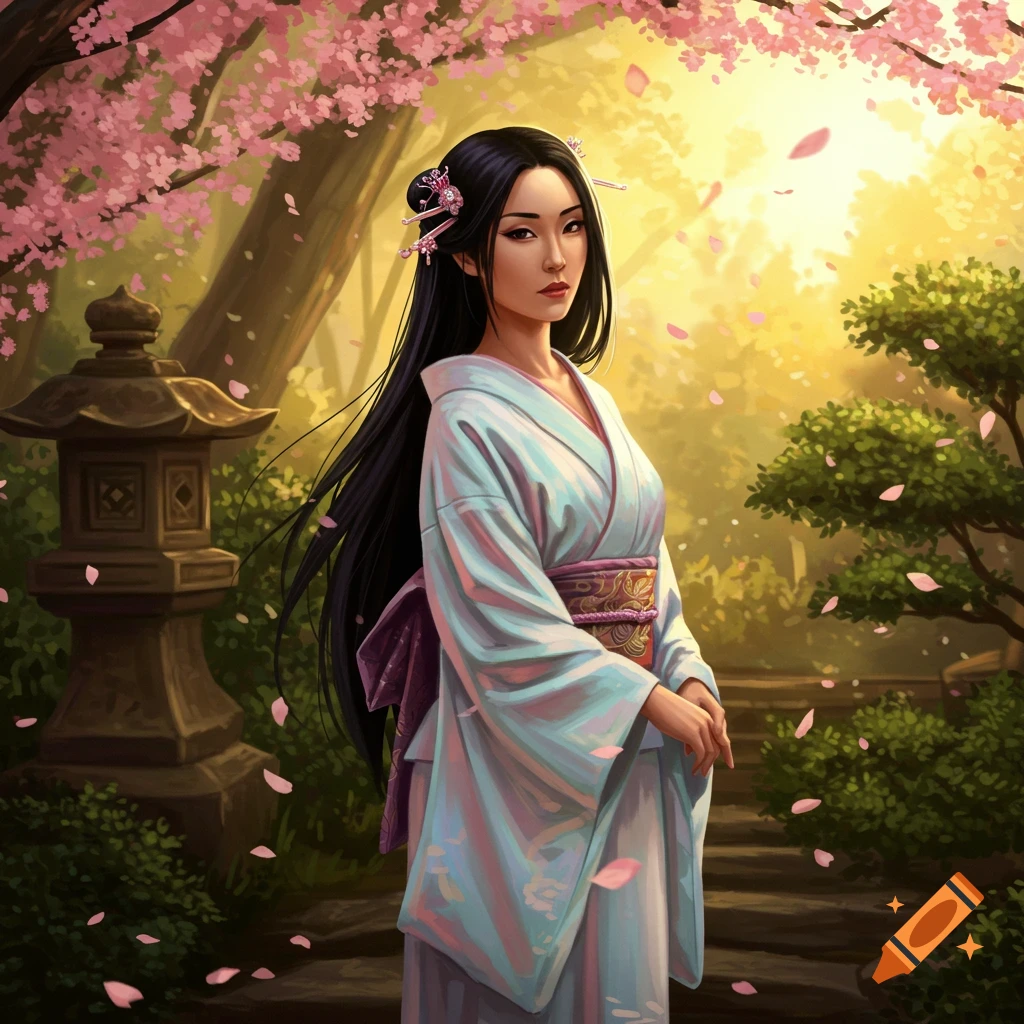 A Japanese woman in a light blue kimono stands in a cherry blossom garden with falling pink petals and a stone lantern, digital art.