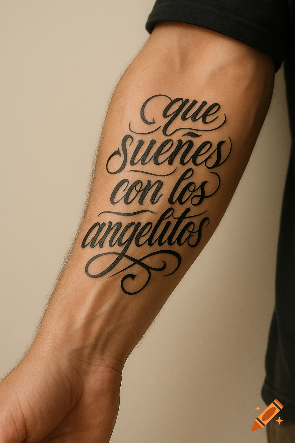 Close-up of a forearm with a black script tattoo that reads 'que sue des con los angelitos'.