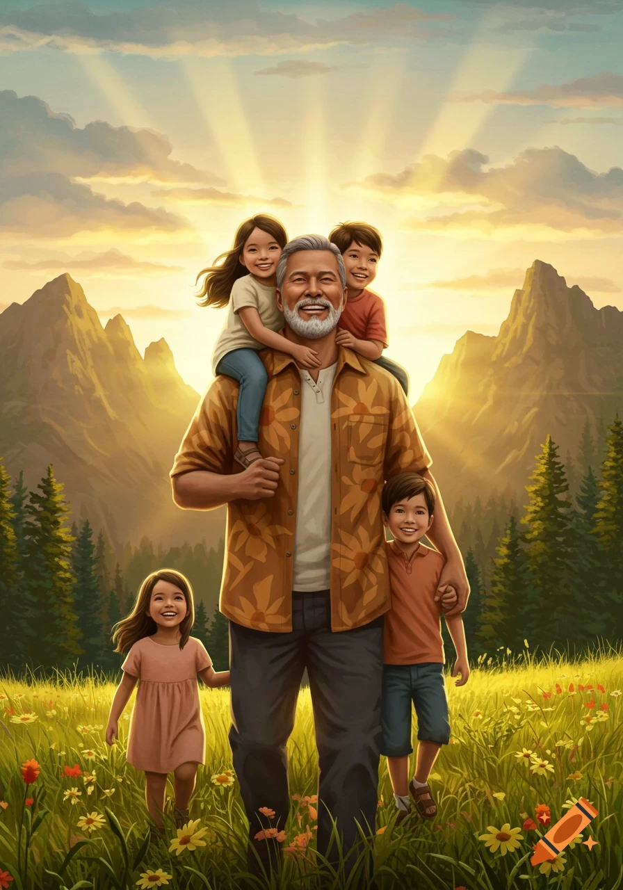 An illustrated image of a grandfather with three children, two on his shoulders, one holding his hand, walking in a sunny mountain field.